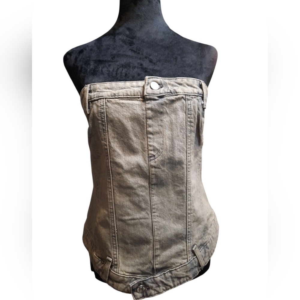 NWT Zara Blue Denim  Tan Strapless Denim Corset XL